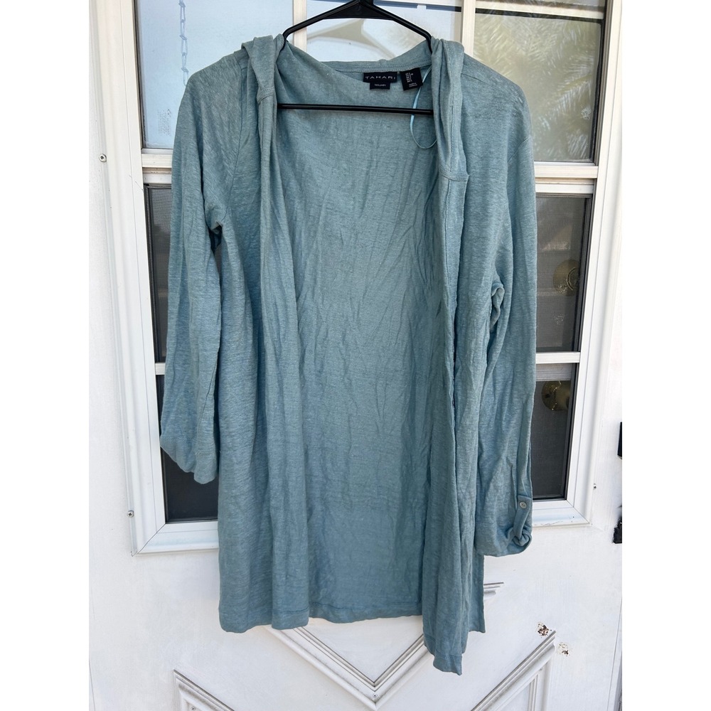 Tahari Womens 100% Linen Hooded Open Front Cardigan Blue Large Sweater Lagenlook